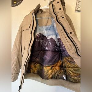 American Eagle Tan Cream Hooded Winter Jacket with Faux Fur Trim Mountains Men S